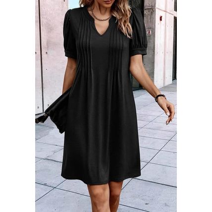 Black Notched Neck Pleated Puff Sleeve Shift T-shirt Dress