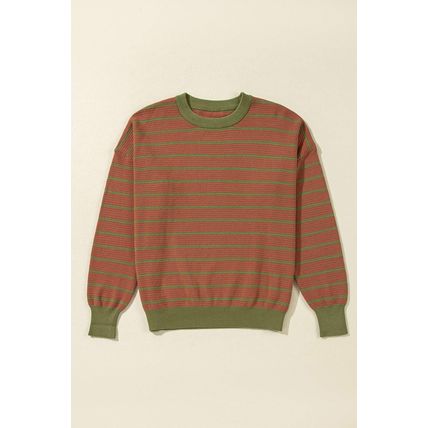 Brown Stripe Trimmed Round Neck Drop Shoulder Loose Sweater
