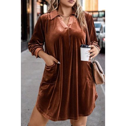 Coffee Plus Size V Neck Collared Pleated Back Rounded Hem Velvet Dress
