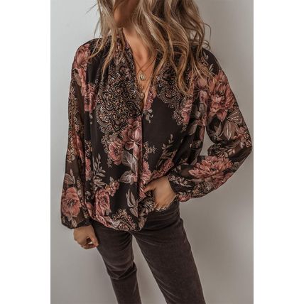 Black Floral Print Criss Cross V Neck Balloon Sleeve Blouse