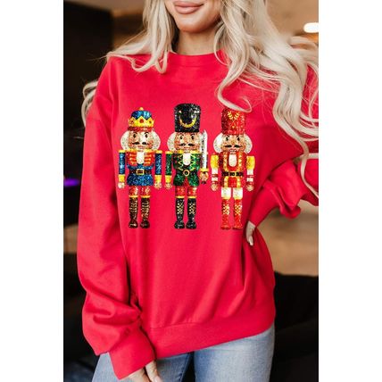Red Christmas Metallic Nutcracker Graphic Crew Neck Sweatshirt