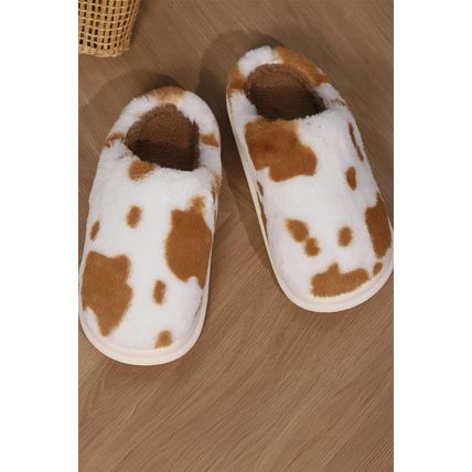 Chestnut Cow Spot Printed Plush Home Slippers