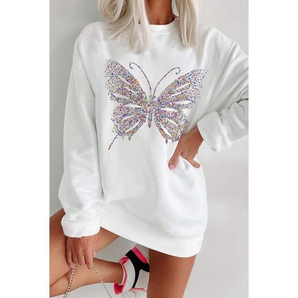 White Rhinestone Butterfly Graphic Crewneck Oversized Sweatshirt