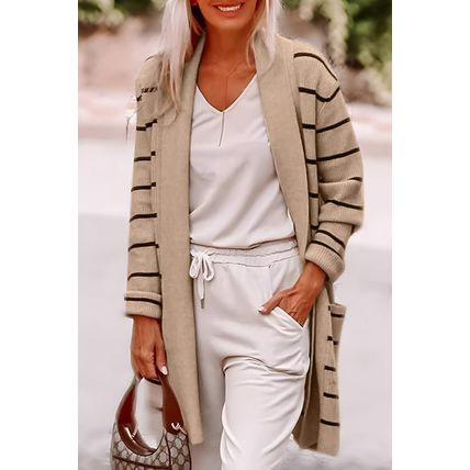 Black Stripe Shawl Neckline Open Cardigan with Pockets