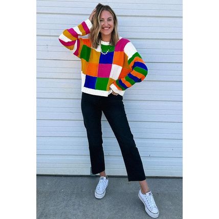 Orange Checkered Color Block Round Neck Loose Sweater