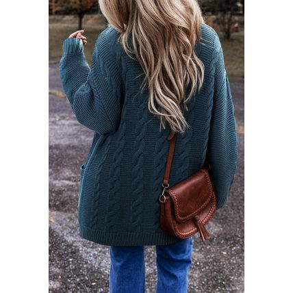 Peacock Blue Cable Knit Button Front Pocketed Baggy Cardigan