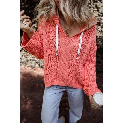 Gold Flame Cable Knit V Neck Contrast Drawstring Hooded Sweater