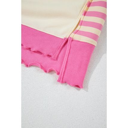 Pink Stripe Colorblock Patchwork Collared French Terry Knit Top