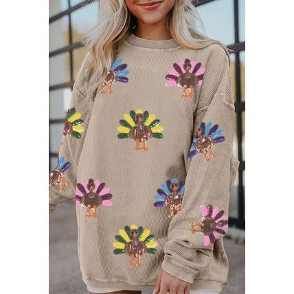 Smoke Gray Turkey Graphic Corded Baggy Sweatshirt