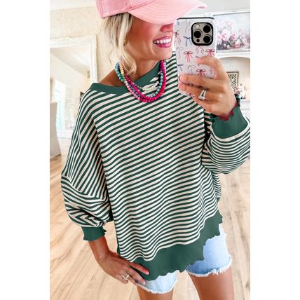 Green Stripe Loose Drop Shoulder Long Sleeve Top