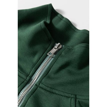 Blackish Green Collared Half Zip French Terry Knit Drawstring Casual Romper