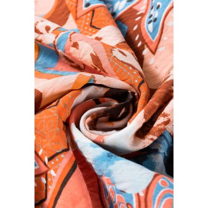 Orange Floral Print Shirred Cuff Buttoned Loose Shirt