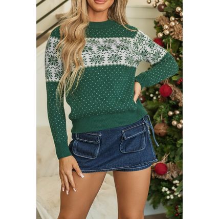 Green Christmas Snowflake Dotted Print Round Neck Sweater