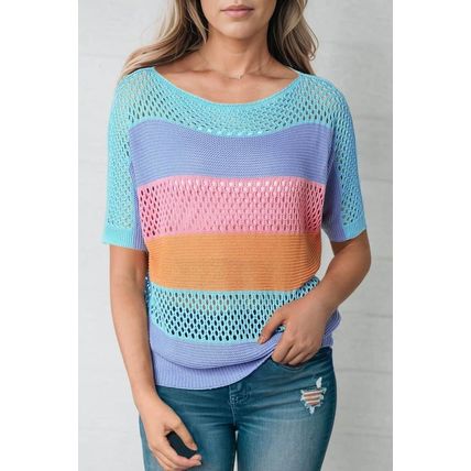Sky Blue Knitted Eyelet Colorblock Striped Half Sleeves Top