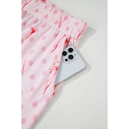Pink Bow Knot Polka Dot Print Short Sleeve Top Lounge Set