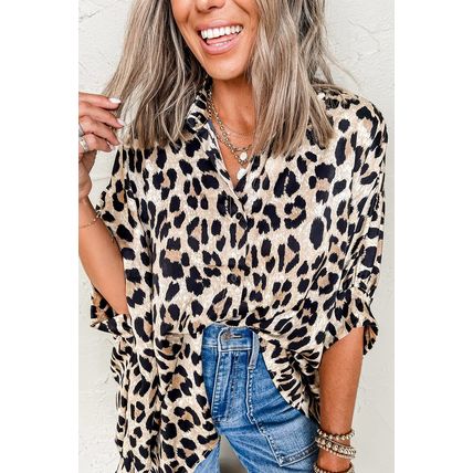 Beige Leopard Print Buttoned 3/4 Sleeve Loose Fit Shirt
