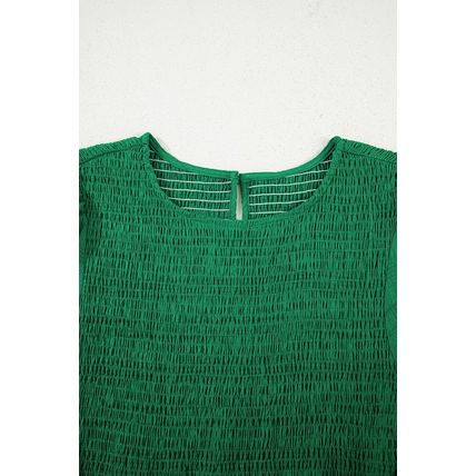 Dark Green Solid Textured Smocked Puff Short Sleeve High Waist Long Dress