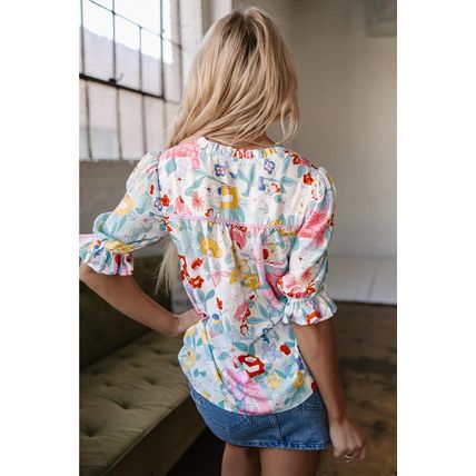 Pink Boho Flower Print Half Puff Sleeve Blouse