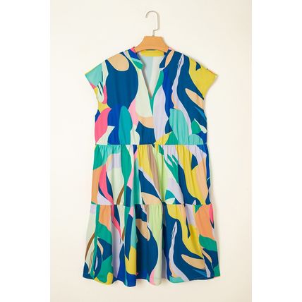 Blue Abstract Print V Neck Cap Sleeve Pocketed Mini Dress