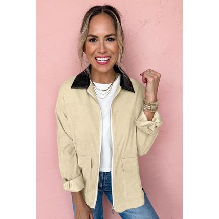Parchment Contrast Leather Collar Textured Zip Up Jacket