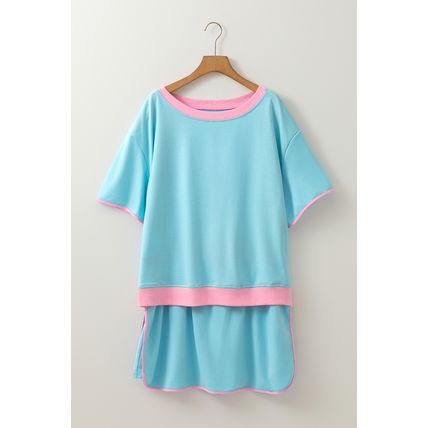Turquoise Plus Size Contrast Trim T Shirt and Skirt Two Piece Set