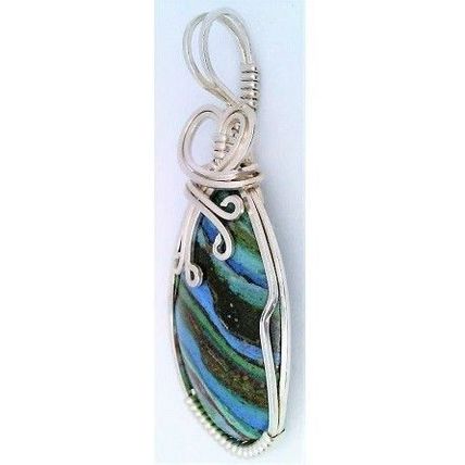 Rainbow CalSilica Sterling Silver Wire Wrap Gemstone Pendant 44