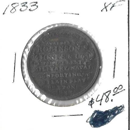 1833 Robinson Jones Mil, Navy Sporting hard times token XF/AU Rare!