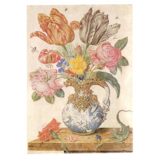 FLOWERS AND LIZARD by Jan Baptist Van Fornenburg used postcard art 1993 =