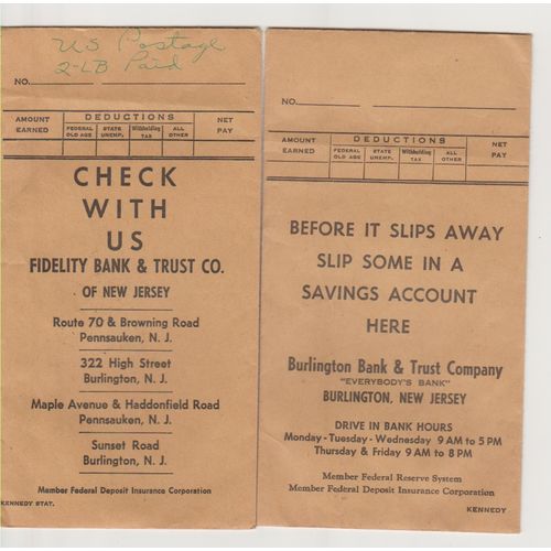 Bank money envelopes circa 1950s Fidelity & Burlington banks NJ USA see rest