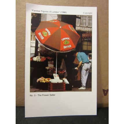THE FLOWER SELLER, LONDON postcard advertising GIBBONS POSTCARD CATALOGUE 1987 =