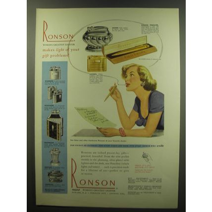 1949 Ronson Cigarette Lighters Ad - Makes light of your gift problems