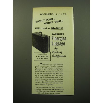 1950 Koch of California Fiberglas Luggage Ad - Won't scuff! Won't Dent!