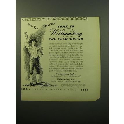 1950 Williamsburg Virginia Ad - Hear ye! Hear ye! Come to Williamsburg Virginia