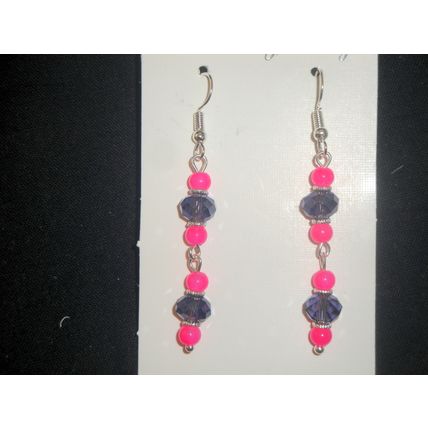 Noticable bright pink & faceted clear purple crystal glass swing earrings