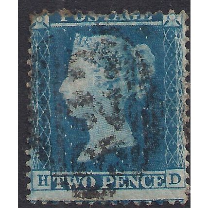 GB 1854 - 57 QV 2d Blue ( H & D ) Victoria Perfs 14 L / crown Used SG 34 ( M12
