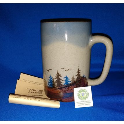 CERAMIC TANKARD NEW ENGLAND MOUNTAIN SCENE with PINE TREES and BIRDS + RECIPES