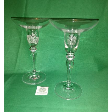 PAIR OF CLEAR GLASS CHAMPAGNE COUPE STYLE CANDLEHOLDERS w WHITE FLOWER DESIGN