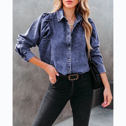 fashion street style denim shirt lady Autumn and winter lapel casual