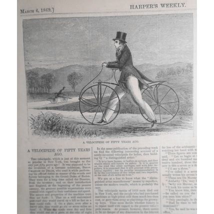 1869 A Velocipede of Fifty Years Ago - original print, Harper's Weekly, March 6