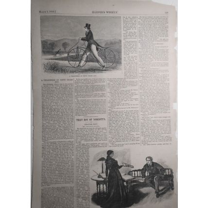 1869 A Velocipede of Fifty Years Ago - original print, Harper's Weekly, March 6
