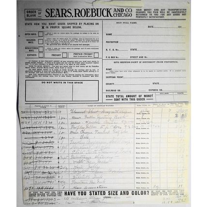 1905 original Sears, Roebuck And Co Retail Catalog Order Blank, filled out.