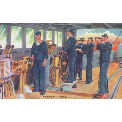 Watching The Flag Ship Antique WW1 Sailors Military Ship Postcard