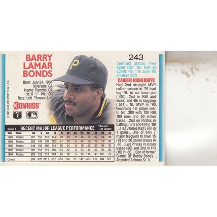 BARRY BONDS 1991 AUTOGRAPHED PITTSBURGH PIRATES HALL OF FAME CHAMPION HR SLUGGER