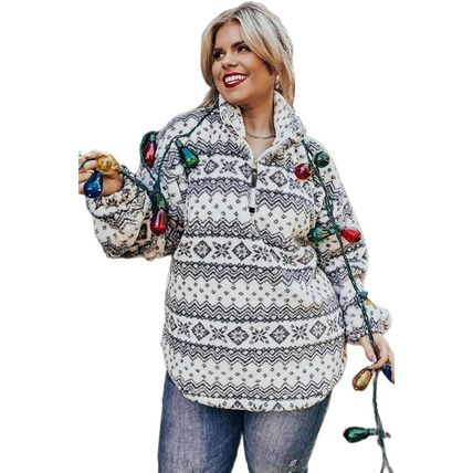 White Sherpa Geometric Print Quarter Zip Plus Size Pullover