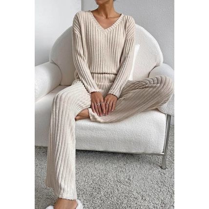 Khaki Ribbed Knit V Neck Slouchy Two-piece Outfit