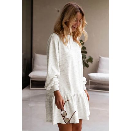 White Solid Color Puff Sleeve Ruffle Hem Mini Dress