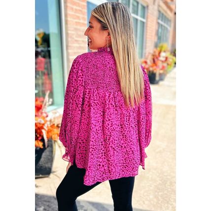 Rose Leopard Shirred Puff Sleeve Flowy Blouse