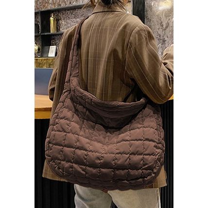 Coffee Quilted Zipper Large Shoulder Bag