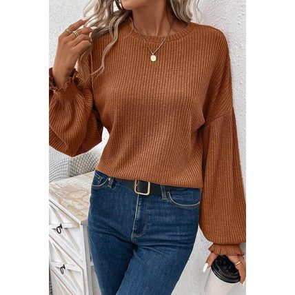 Chestnut Ribbed Knit Drop Shoulder Ruffled Sleeve Textured Top