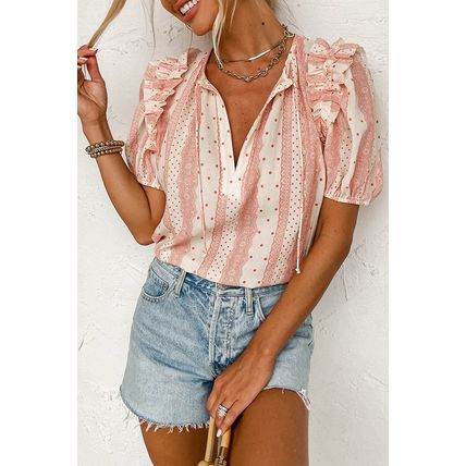 Red Frilled Short Puff Sleeve Mixed Print Blouse